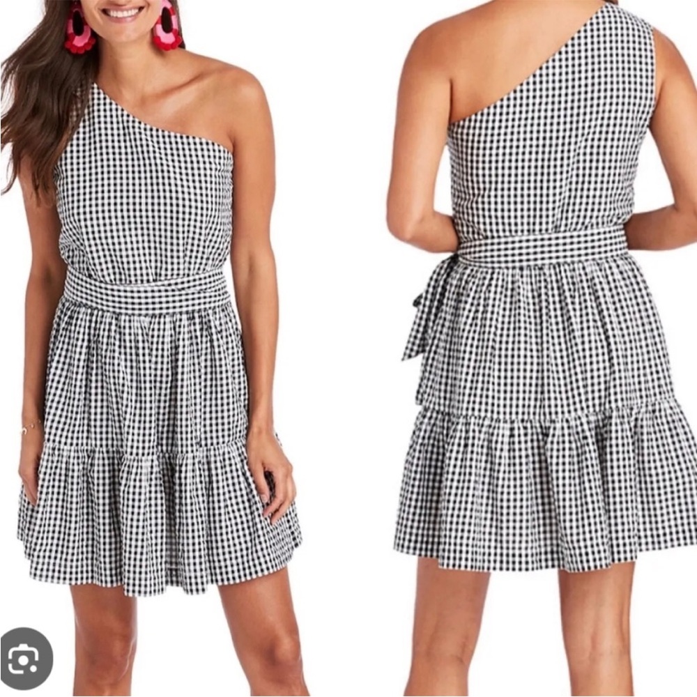 Gingham Seersucker One Shoulder Dress